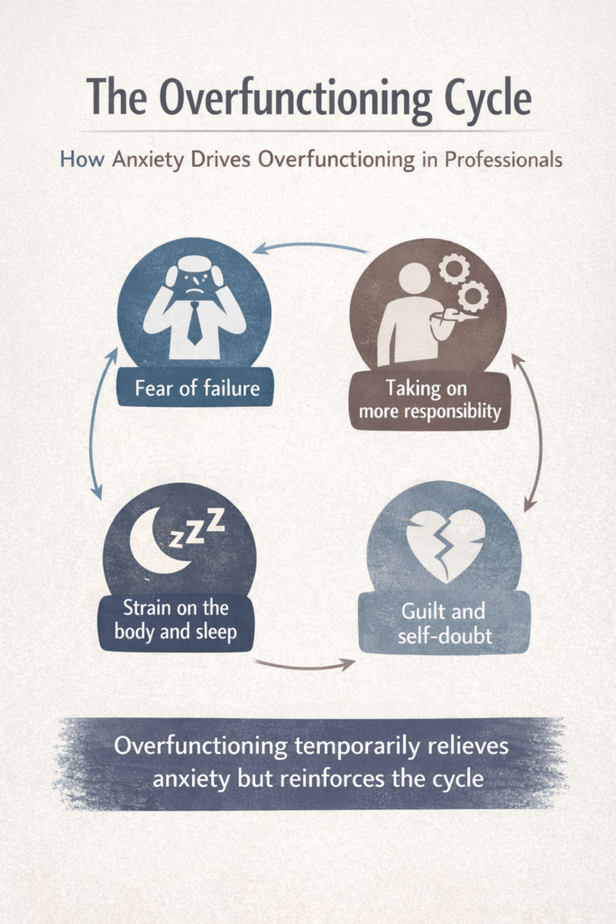 Diagram illustrating the overfunctioning cycle in anxious professionals, where fear of failure leads to overworking, exhaustion, and eventual burnout.