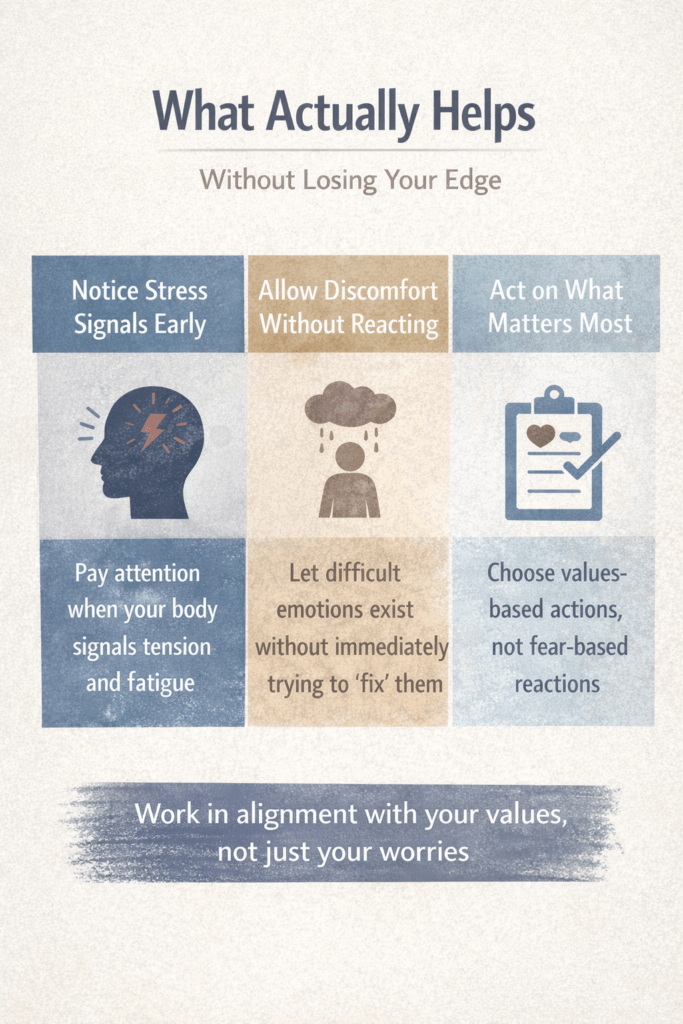 Infographic highlighting healthy ways professionals can manage work stress and anxiety, including setting boundaries, psychological flexibility, and values-based decision making.