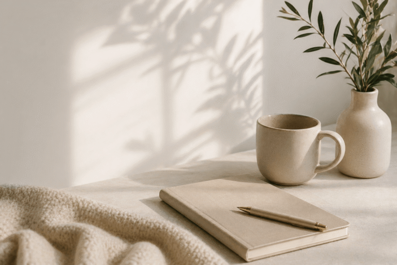 Minimalist workspace with journal, coffee mug, and soft lighting representing overthinking and mental overload at night