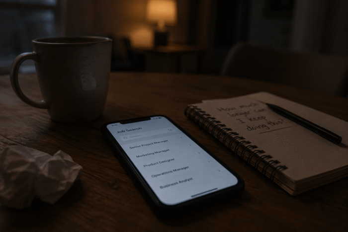 Professional sitting at kitchen table before work experiencing stress and burnout from job uncertainty