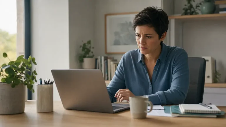 Professional appearing tense while reading a laptop message, representing workplace anxiety and hypervigilance