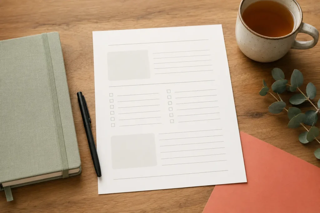 Relationship Overthinking Check-In worksheet beside a notebook, pen, and cup of tea