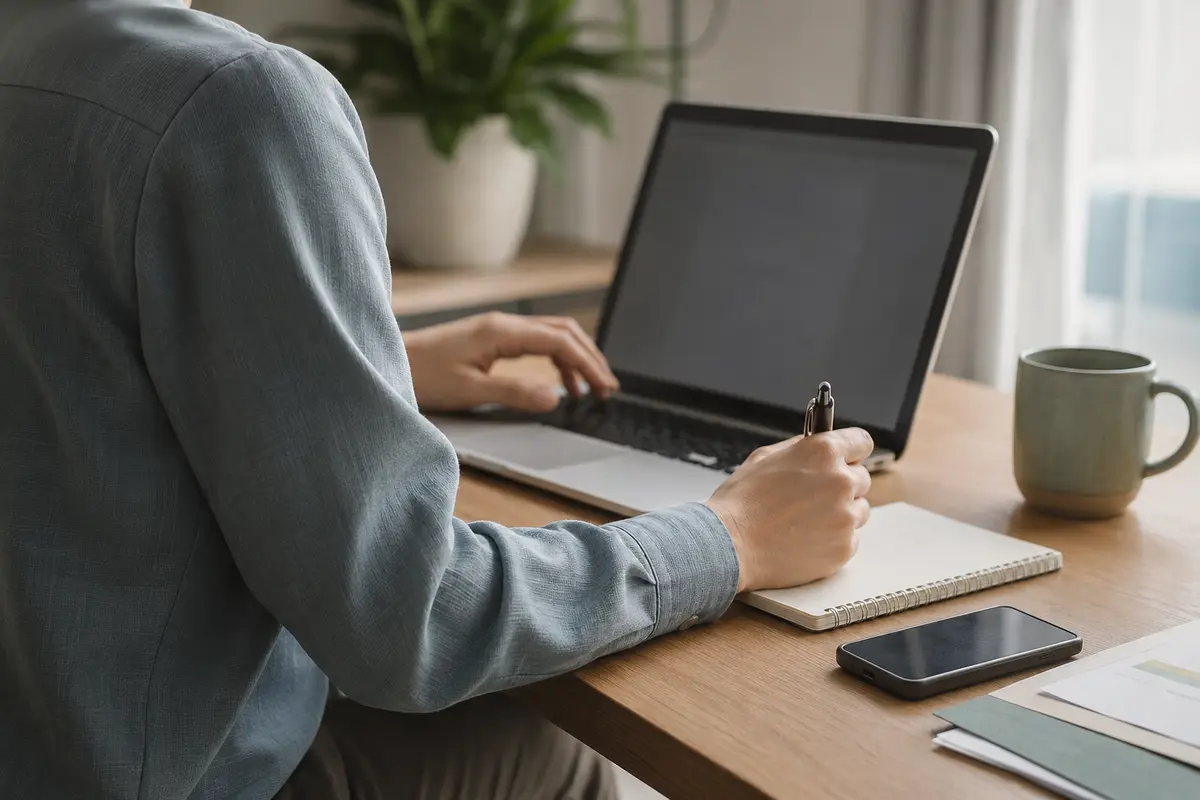Professional working at a laptop with a notebook, illustrating workplace hypervigilance and nervous system stress