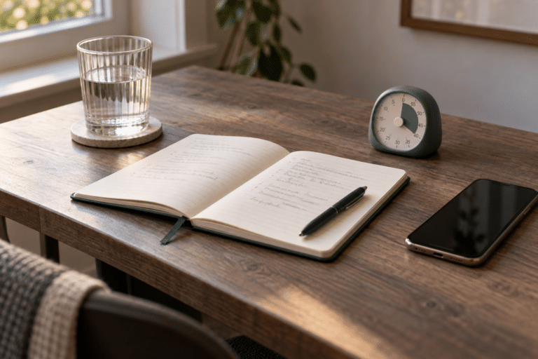 A timer, open notebook, phone and glass of water arranged on a wooden desk beside a window.