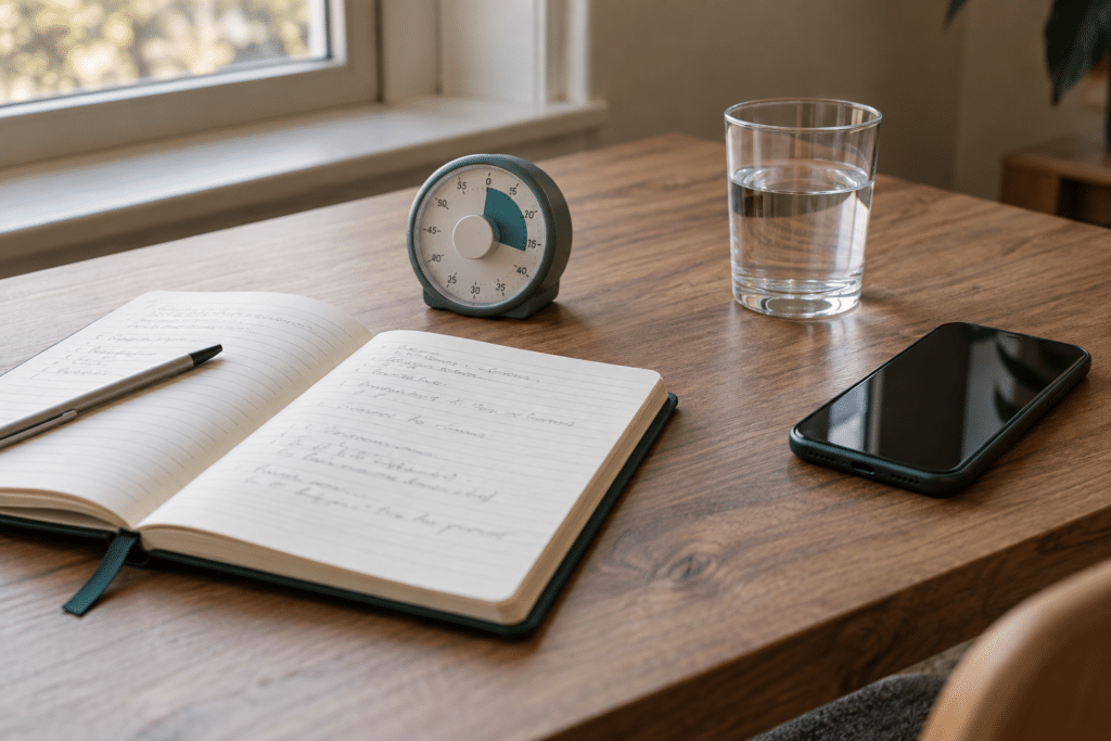 A timer, open notebook, phone and glass of water on a wooden desk beside a window.