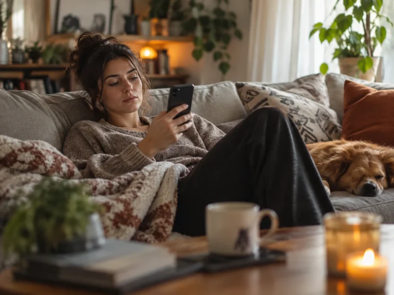 Woman scrolling on her phone on the couch while trying to rest