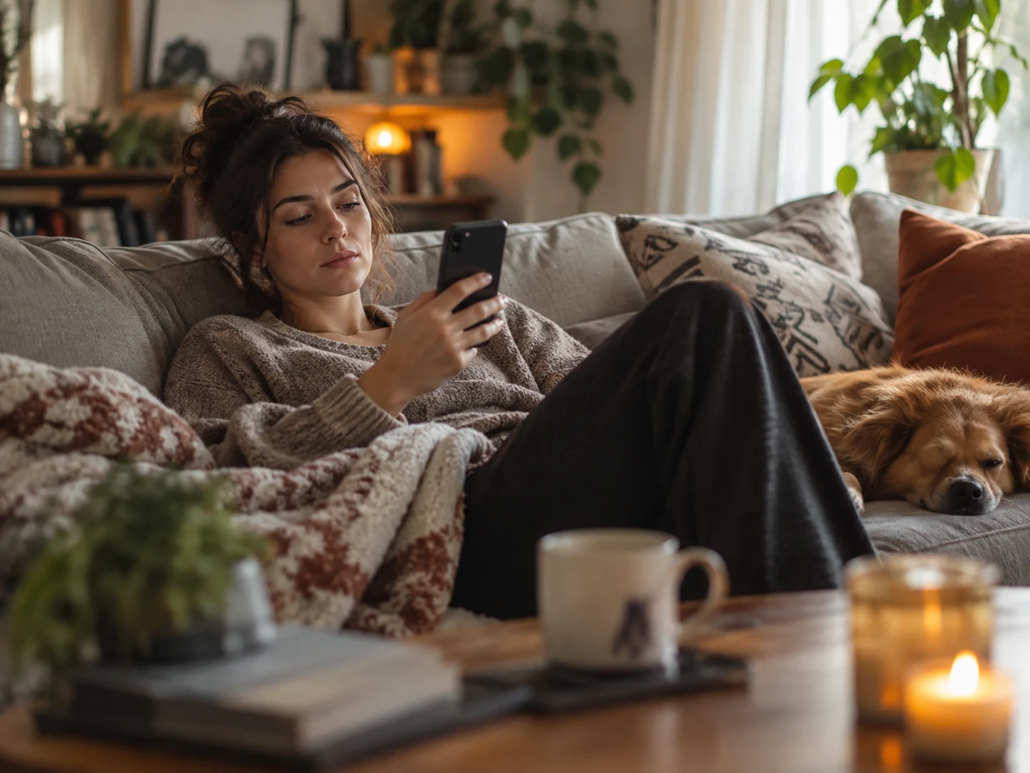Woman scrolling on her phone on the couch while trying to rest